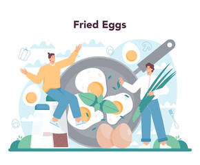 Tasty fried eggs with vegetables and bacon for breakfast set.