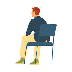 Man in glasses sits with back on chair in flat vector illustration isolated