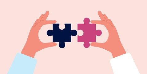 Collect puzzles. Hands holding puzzle pieces. Parts connect, collaboration or business cooperation metaphor. Teamwork vector concept - obrazy, fototapety, plakaty