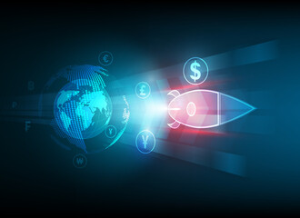 Rocket fast business concept and currency exchange currency icon