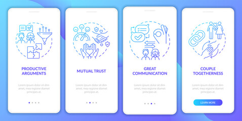 Perfect relationship onboarding mobile app page screen. Intelligence communication walkthrough 4 steps graphic instructions with concepts. UI, UX, GUI vector template with linear color illustrations