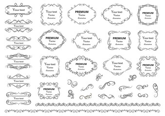 Calligraphic design elements . Decorative swirls or scrolls, vintage frames , flourishes, labels and dividers. Retro vector illustration