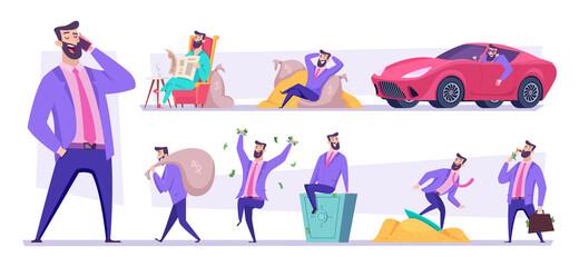 Rich businessman. Happy dollar millionaire holding money and golden coins in various poses exact vector cartoon business characters