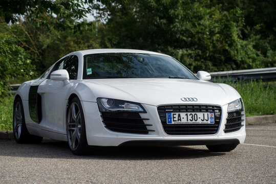 Mulhouse - France - 8 August 2021 - Front view of white Audi R8 coupe car parked in the street