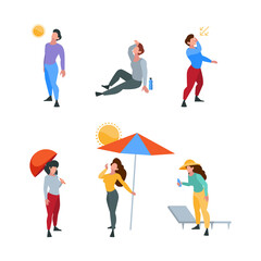 Sunstroke people. Outdoor summer characters tired with hot body temperature sunlight sweaty weather garish vector stylized persons male and femle illustrations