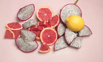 Sliced Dragon Fruit,Grapefruit put on pastel background