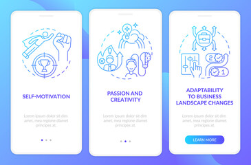 Fototapeta na wymiar Startup launch requirements gradient onboarding mobile app page screen. Business walkthrough 3 steps graphic instructions with concepts. UI, UX, GUI vector template with linear color illustrations
