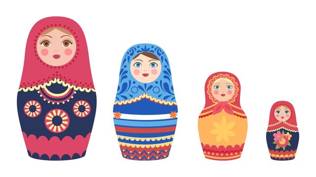 Decorative russian dolls. Matryoshka dolls, flat tourist souvenirs from Russia vector set