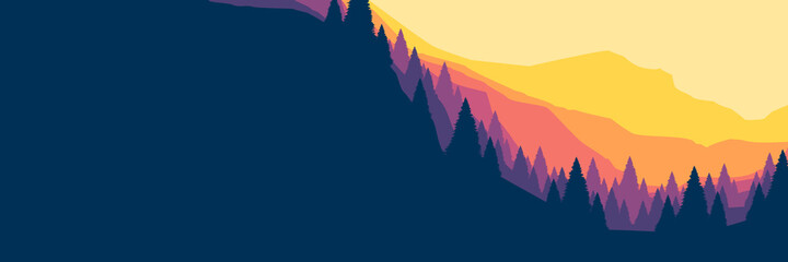 mountain forest landscape flat design vector illustration for wallpaper, background, backdrop design, template design and tourism design template	