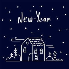 A snow card with a New Year's greeting. A Christmas poster with a house in the snow and Christmas trees. A poster for Christmas and New Year. Vector illustration