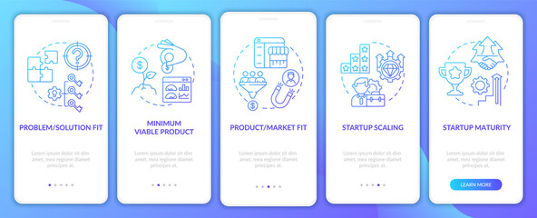 Startup lifecycle phases gradient onboarding mobile app page screen. Business launch walkthrough 5 steps graphic instructions with concepts. UI, UX, GUI vector template with linear color illustrations