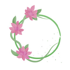 Vector frame made of pink flowers and green leaves, painted with a watercolor brush on a white background with paint splashes