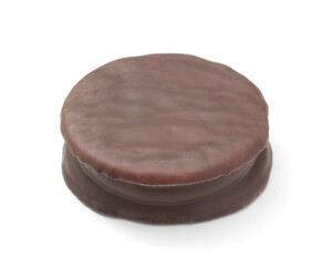 Wagon wheel style chocolate covered marshmallow cookie on white