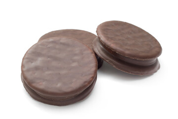 Wagon wheel style chocolate covered marshmallow cookies on white