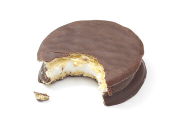 Wagon wheel style chocolate covered marshmallow cookie on white