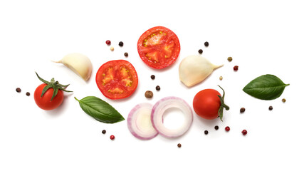 Tomato, garlic, basil, onions and spices isolate on a white background. Vegan diet food, cooking concept, top view. Food cooking background, Food ingredients top view