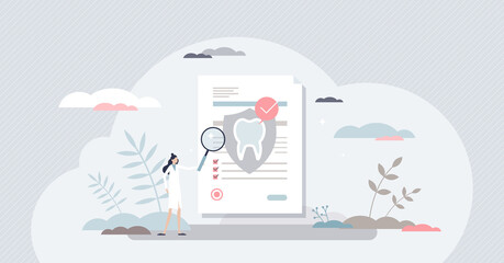 Dental insurance for tooth procedure bill cost coverage tiny person concept. Stomatology hygiene and care document with diagnosis and price form vector illustration. Financial security for dentist. - obrazy, fototapety, plakaty