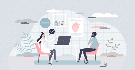 Consulting doctor and appointment at medical clinic room tiny person concept. Patient visit cardiology for health assistance, support or recommendation vector illustration. Diagnosis and examination.