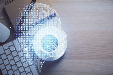 Double exposure of brain sketch and table top veiw. Concept of data analysis.