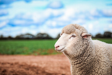 Naklejka premium Portrait image of lovely wooly sheep standing in field with canola crop growing in the background.