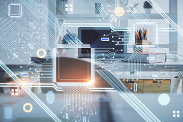 Double exposure of data theme drawing and office interior background. Concept of technology.