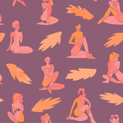 Vector seamless pattern with colorful illustration of silhouette women body and exotic leaves. For wallpaper, textile print, web page, wrapping paper, design of presentation and other graphic design