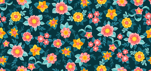 Seamless pattern with pretty flowers. Beautiful decorative natural buds and leaves.