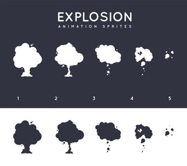 Vector explosion. Explode effect animation with smoke. Cartoon explosion frames. Sprite sheet of explosion