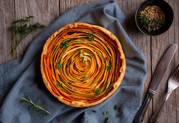 Vegetable pie with carrots and zucchini, healthy vegetarian food