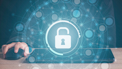 Data protection privacy and digital network cybersecurity concept. Virtual locking mechanism to access shared resources. Business man protecting data personal information on labtop background.