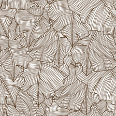 Seamless pattern with stylized palm leaves. Decorative image of tropical foliage and plants.