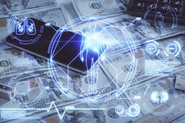 Double exposure of education theme drawing over usa dollars bill background. Concept of study.