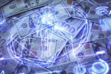 Double exposure of education theme drawing over usa dollars bill background. Concept of study.