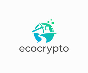 Blockchain meaning technology logo design. Renewable cryptocurrency mining vector design. Landscape with pickaxe and digital coin logotype