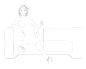 The contour of a girl in a dress sitting on a sofa isolated on a white background. Vector illustration
