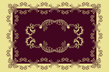 Vector yellow-golden patterned frame, rectangular vignette on burgundy background, patterned abstract brush with curls for packaging design, tablecloth, textile