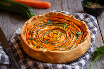 Vegetable pie with carrots and zucchini, healthy vegetarian food