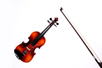 Front view of violin with Violin stick isolated on white background