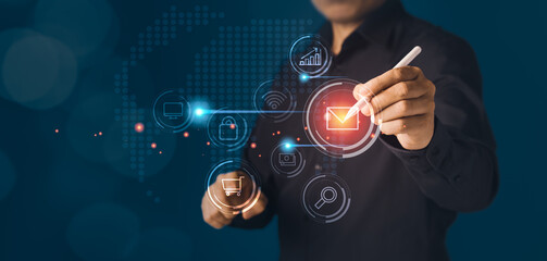 Businessman touch icons network diagram on virtual interface screen. Business Corporate teamwork technology