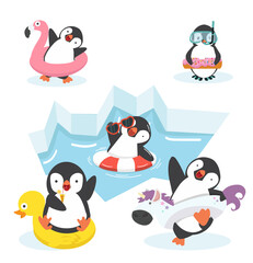 Happy penguin characters in inflatable ring
