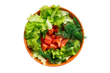 Orange bowl of cooked salad, isolated on white background with clipping path, shot from the top.
