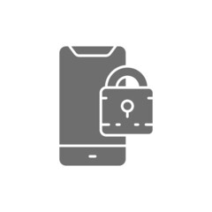 Padlock with phone, locked smartphone grey icon.