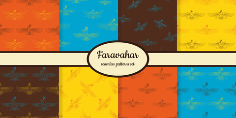 Collection of seamless patterns with ancient sumerian symbol Faravahar designed for web, fabric, paper and all prints 