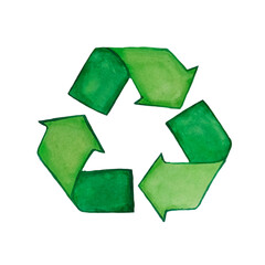 Obraz premium Watercolor recycling sign isolated on white background. Hand drawn reuse symbol for ecological design. Zero waste lifestyle.