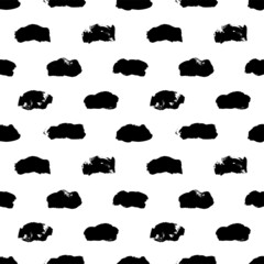 Ink brush stains vector seamless pattern. Sky and cloud motif ornament. Horizontal dashed lines. Dirty black paint decorative texture. Grungy brushstrokes. Creative wallpaper, textile print design