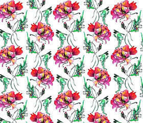 Watercolor the flowers poppy. Floral seamless pattern on white background.