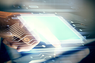 Multi exposure of man's hand holding and using a digital device and data theme drawing. Innovation concept.