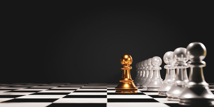 Golden pawn chess stepped out of line to leading black chess and show different thinking ideas. Business technology change and disruption for new normal concept.3d render