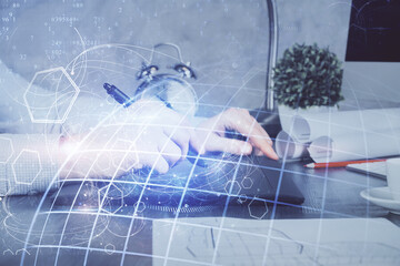 Multi exposure of man's hands holding and using a digital device and map drawing. International business concept.