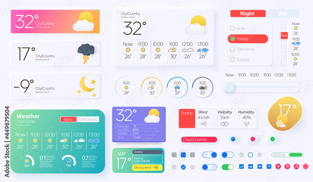 Wall mural user elements for weather mobile app. widgets, quick access adaptive interface. temperature, atmosph
